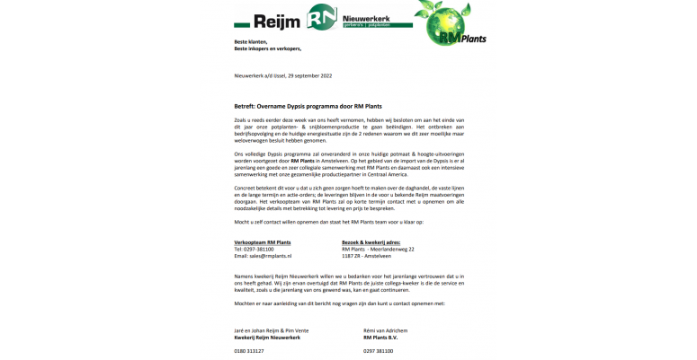 RM Plants neemt Dypsis programma Reijm over